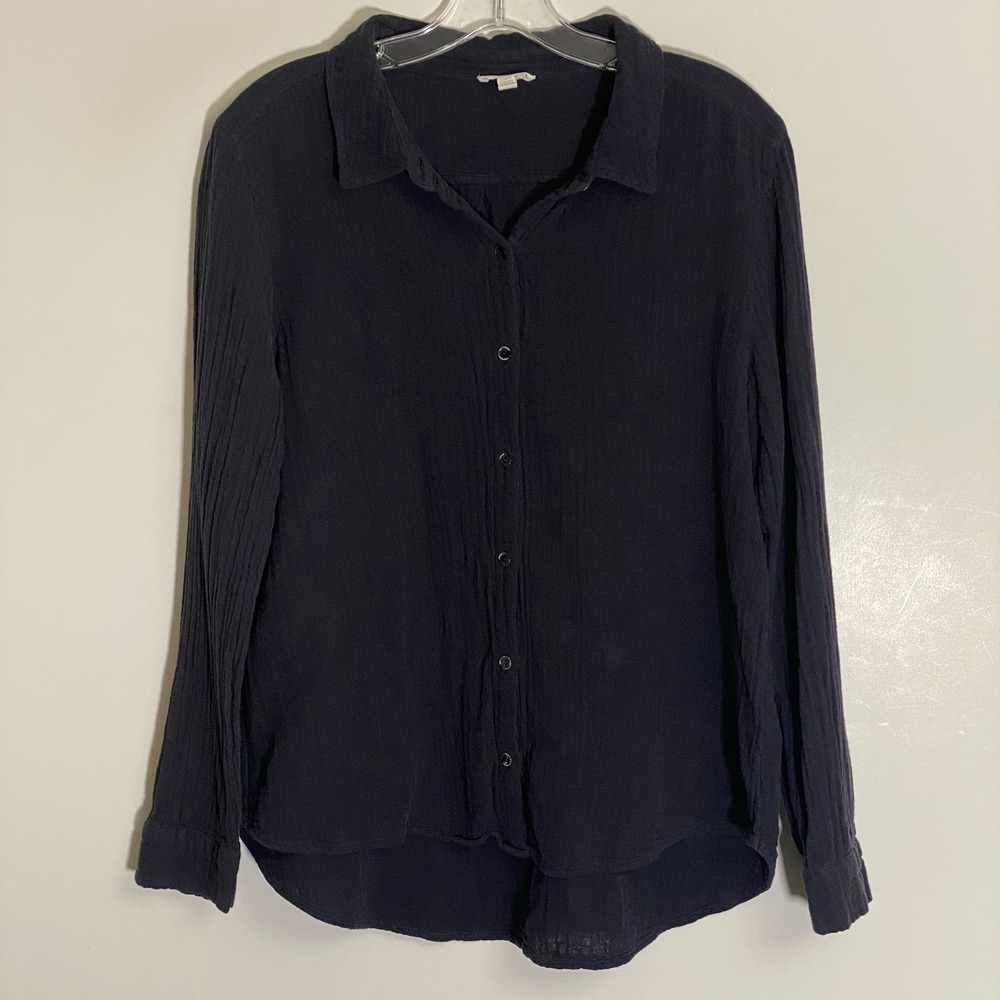Eileen Fisher Top Womens Medium Navy Blue Organic Cotton Gauzy Textured Classy M